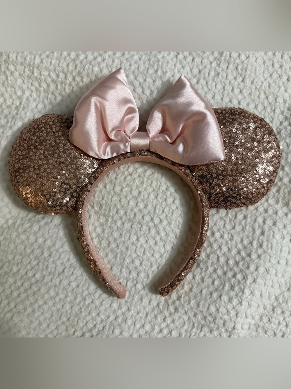 Disney Rose Gold Sequin Minnie Ears Headband with Pink Satin Bow